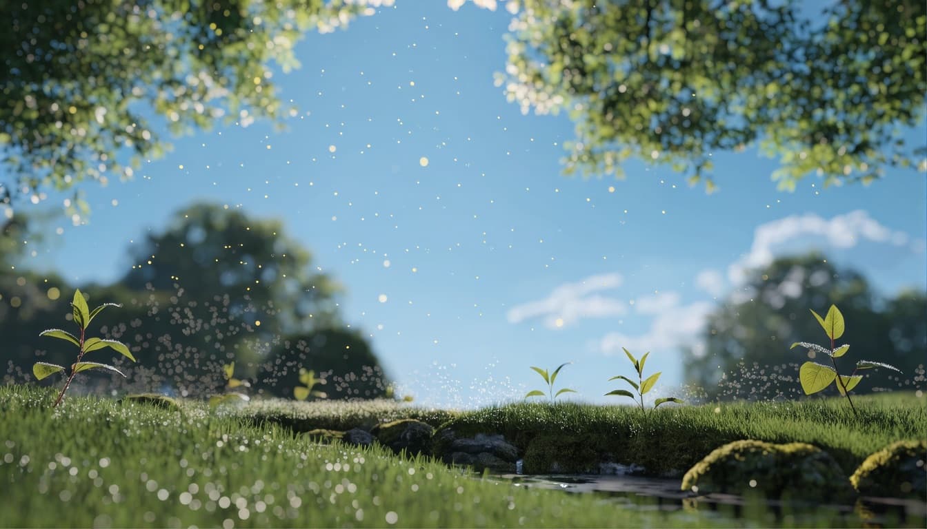 Young seedlings growing from dewy grass in a sunlit meadow
