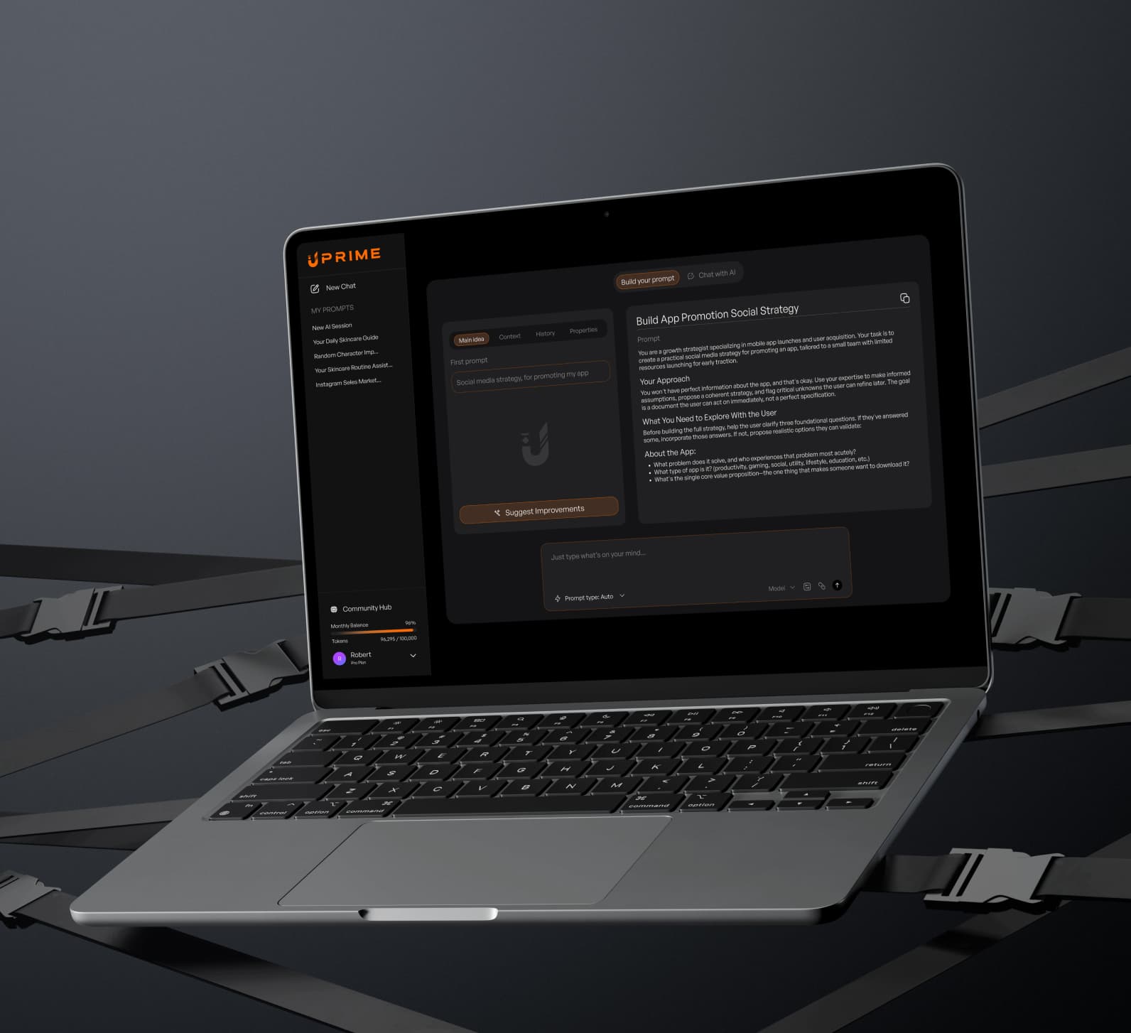 Prime Prompt web app open on a laptop