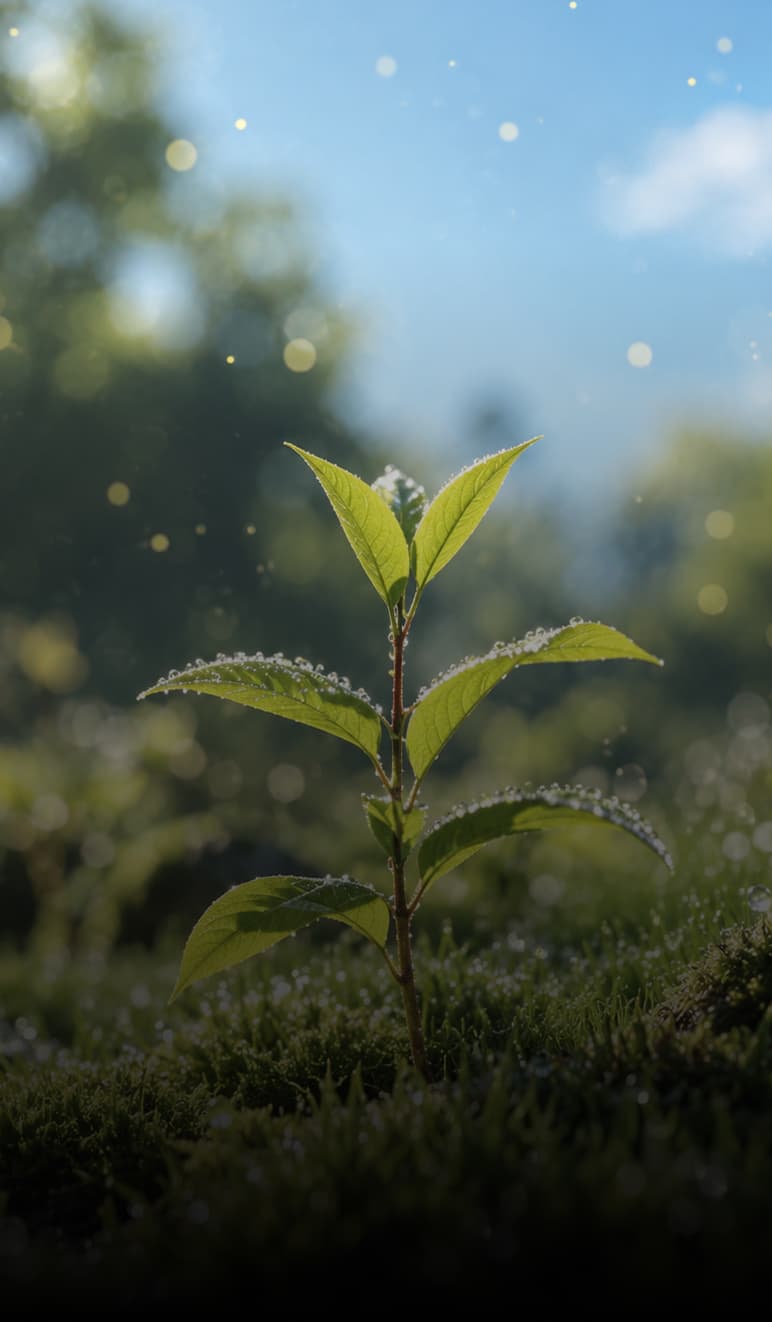 A young seedling with dewy leaves growing in soft morning light